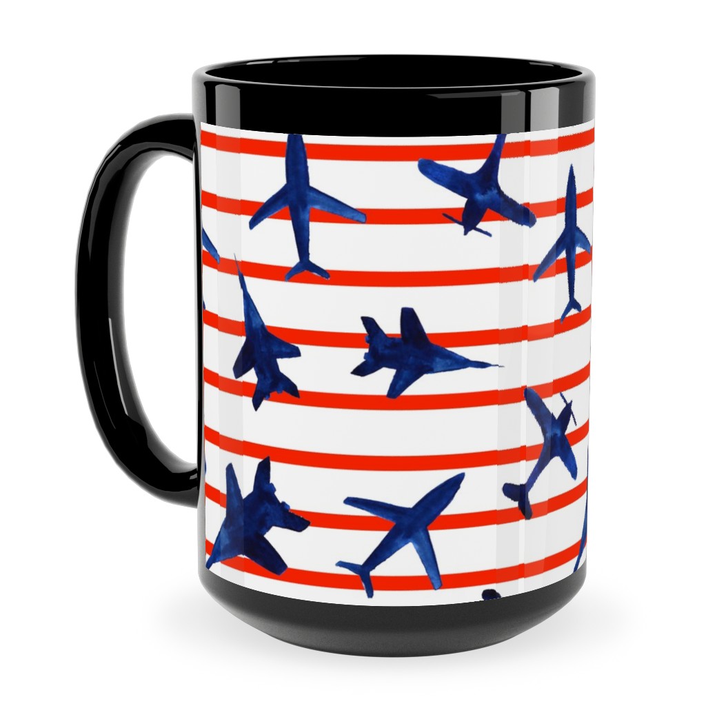Patriotic Airplanes Watercolor - Blue With Red Stripes Ceramic Mug, Black,  , 15oz, Blue