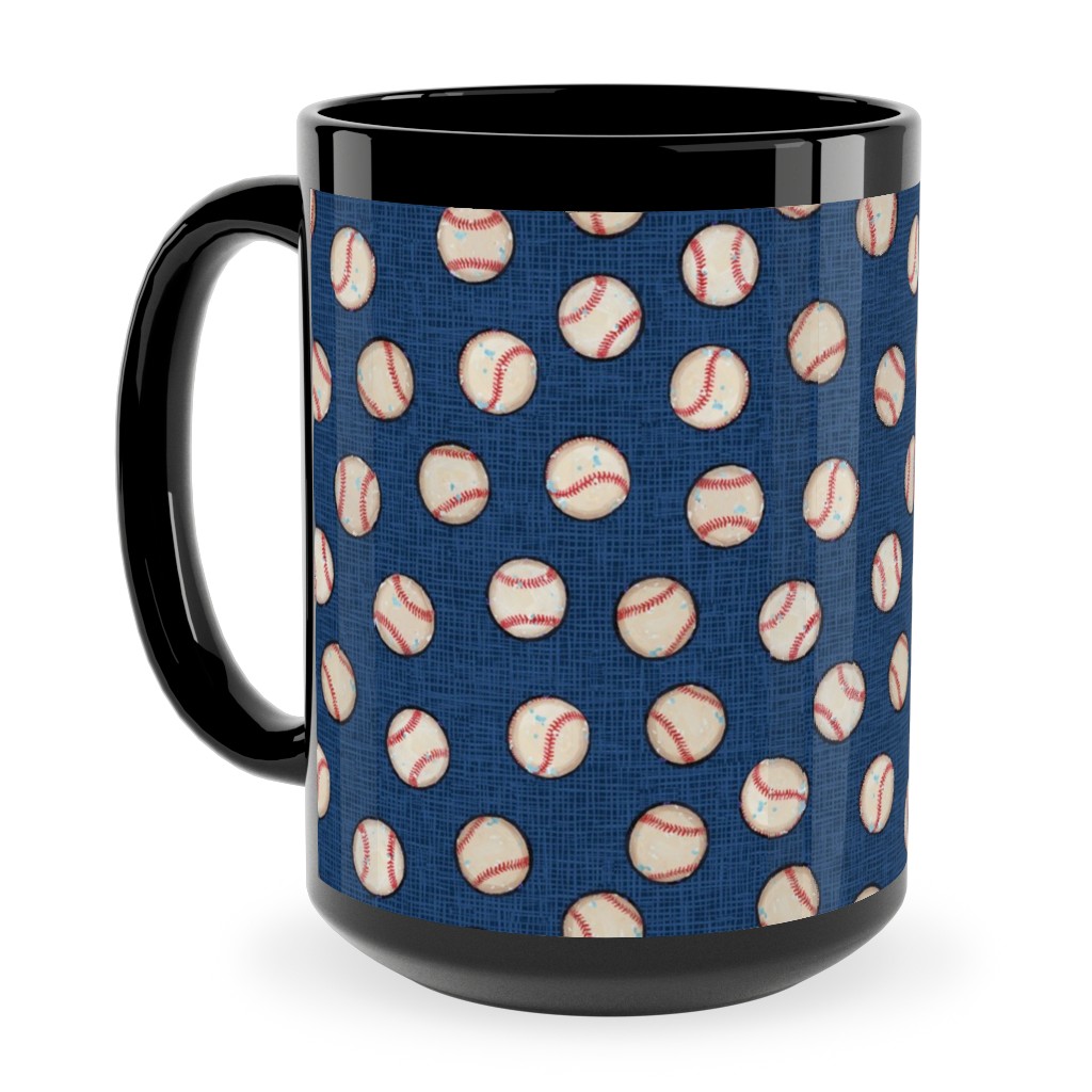 Baseball Balls on Blue Linen Ceramic Mug, Black, , 15oz, Blue, True Blue