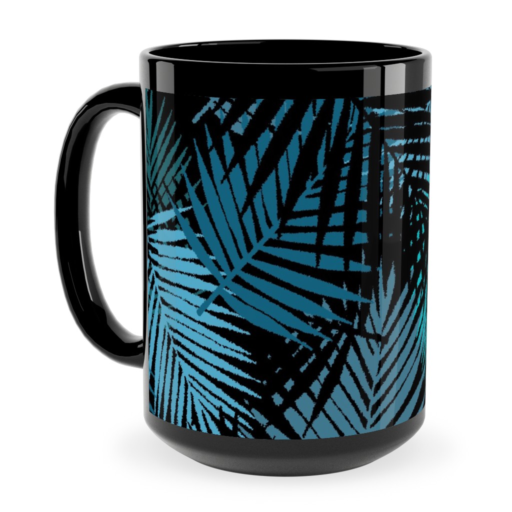 Tropical Leaves - Blue and Green Ceramic Mug, Black, , 15oz, Blue, True Blue