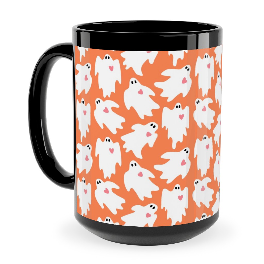 Halloween Ghosts With Hearts on Black Ceramic Mug, Black,  , 15oz, Orange