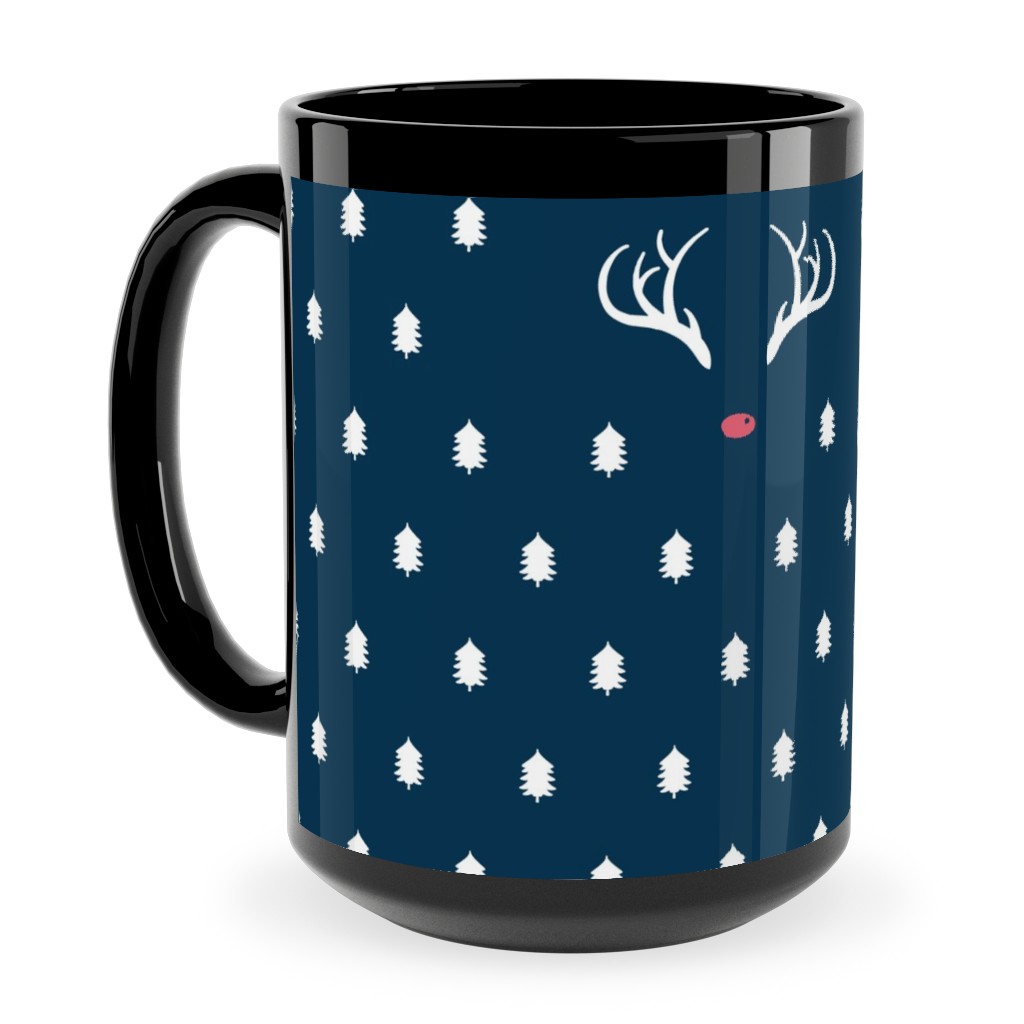 Modern Christmas Deer - Navy Ceramic Mug, Black,  , 15oz, Blue