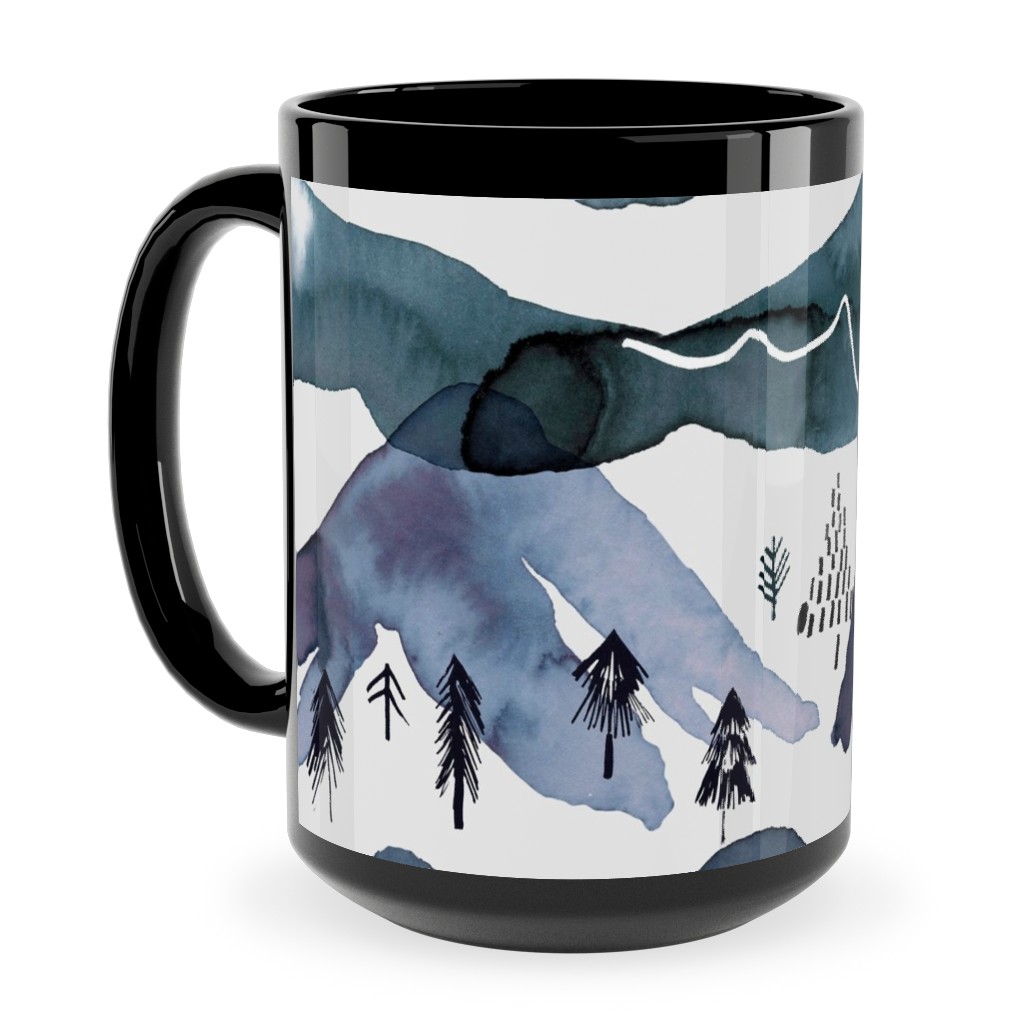 Watercolor Mountains Landscape - Blue Ceramic Mug, Black,  , 15oz, Blue