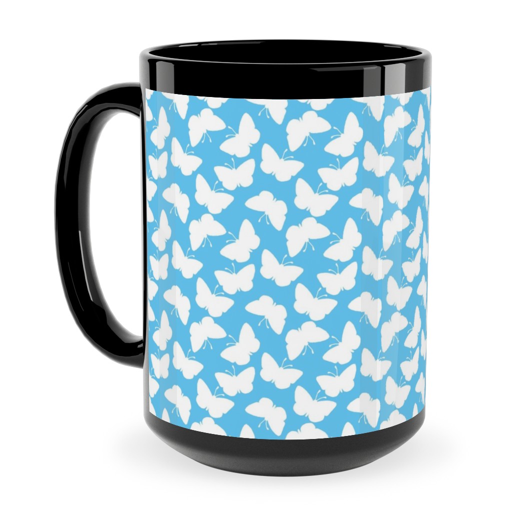 Butterflies - White on Blue Ceramic Mug, Black, , 15oz, Blue, True Blue