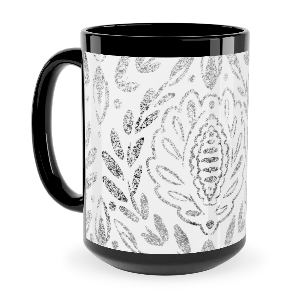 Distressed Damask Leaves - Grey Ceramic Mug, Black,  , 15oz, Gray