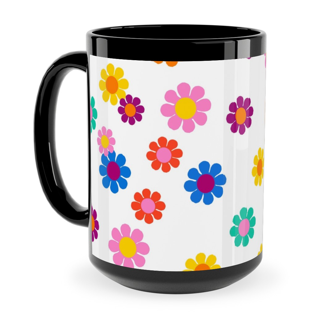 Rainbow Groovy Flowers Ceramic Mug, Black, , 15oz, Multicolor, White