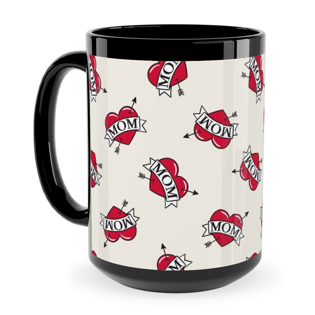 Mom Heart Tattoo - Red on Cream Ceramic Mug, Black, , 15oz, Red, Red