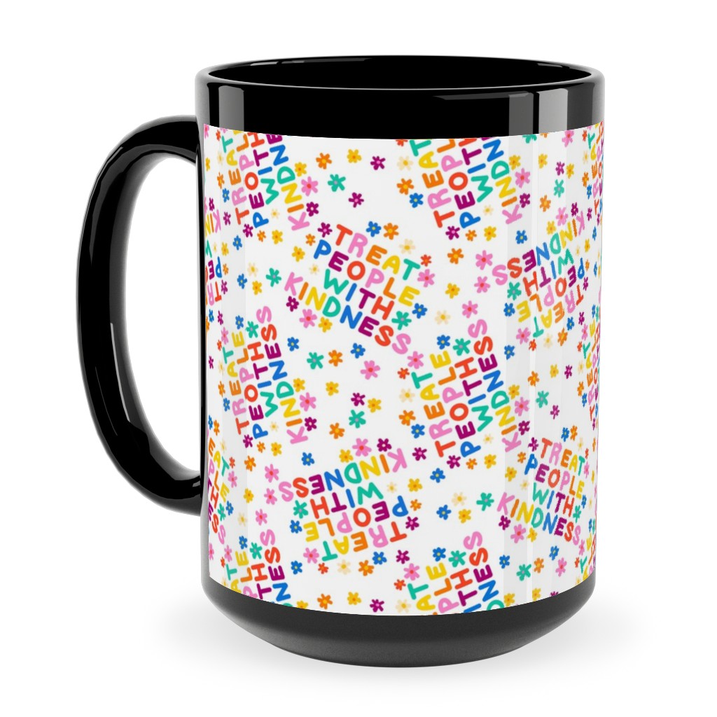 Treat People With Kindness - Groovy Florals - Bright Ceramic Mug, Black, , 15oz, Multicolor