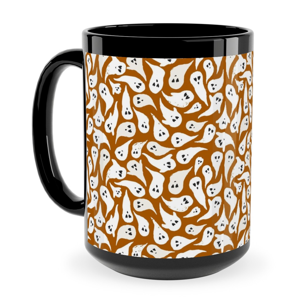 Halloween Ghosts on Dark Burnt Orange Ceramic Mug, Black,  , 15oz, Orange