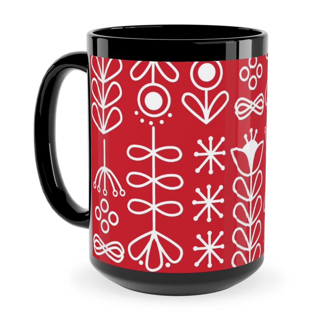 Red and White Nordic Mod Floral Ceramic Mug, Black,  , 15oz, Red