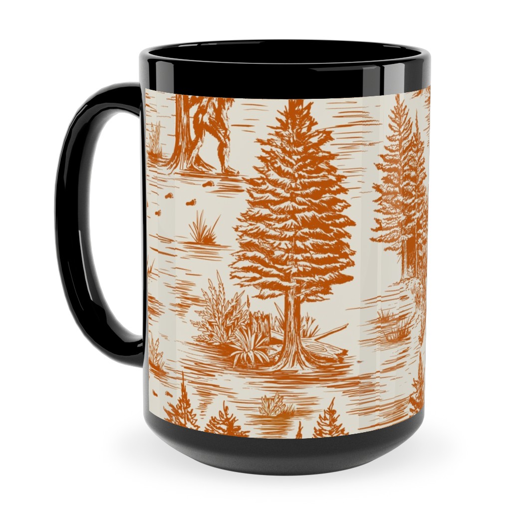 Bigfoot Sasquatch Toile De Jouy Ceramic Mug, Black,  , 15oz, Orange