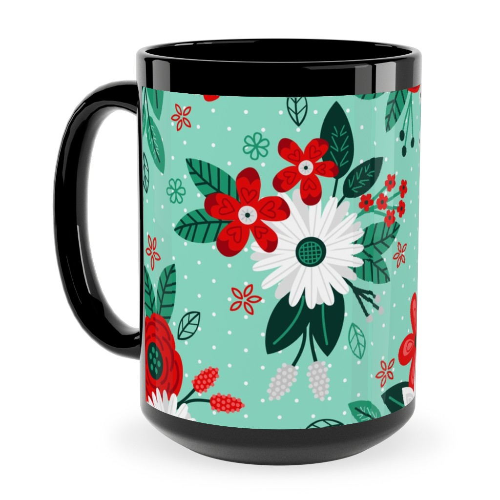 Holiday Floral Bouquet Ceramic Mug, Black,  , 15oz, Green