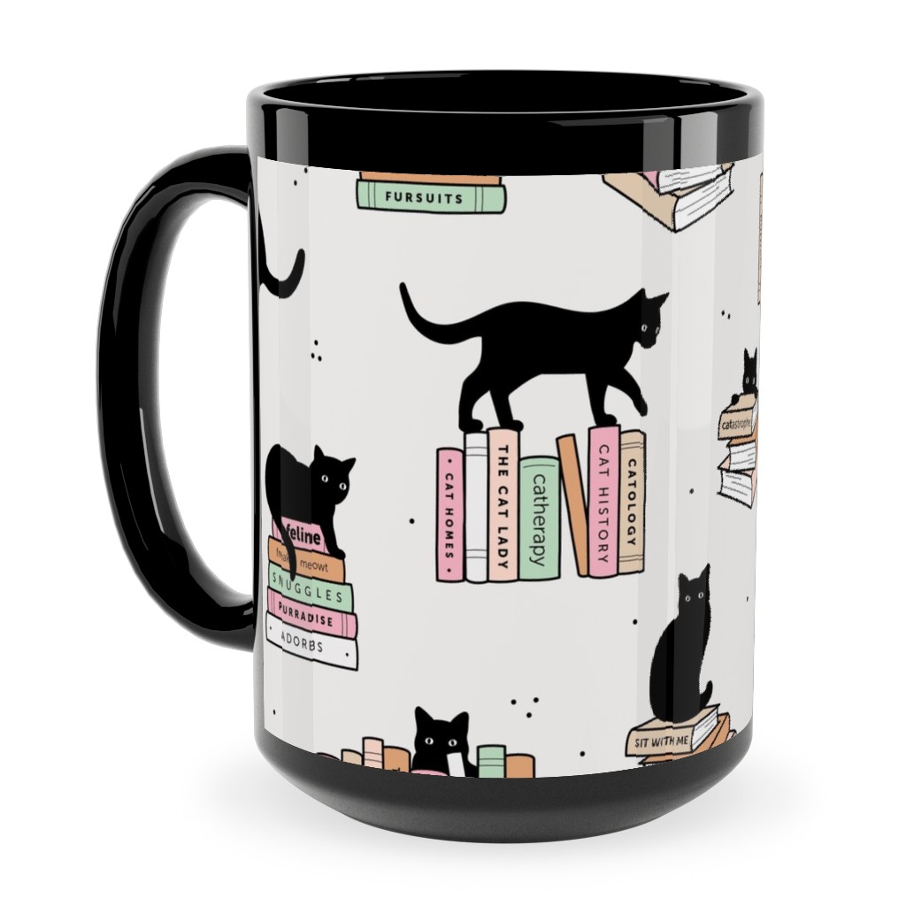 Cats and Books Ceramic Mug, Black,  , 15oz, White
