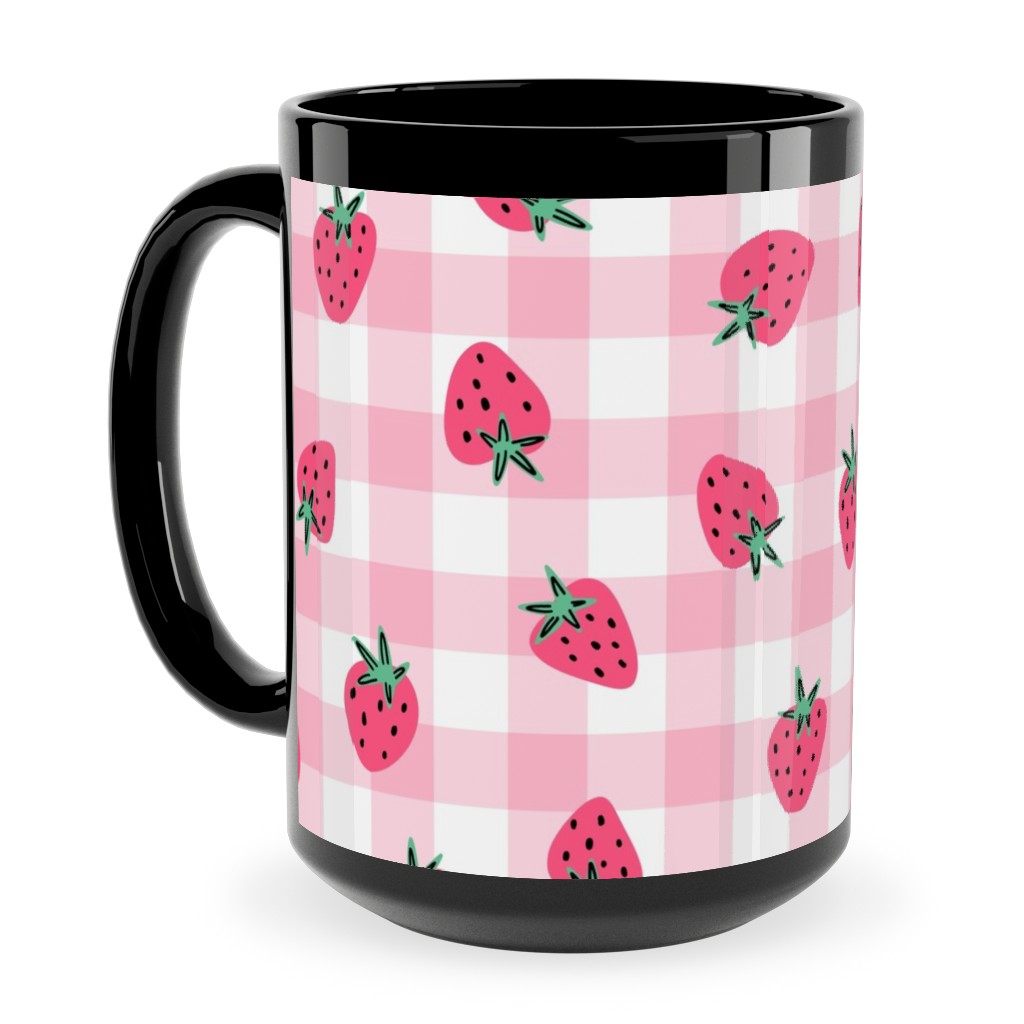 Summer Strawberry Gingham - Pink Ceramic Mug, Black,  , 15oz, Pink