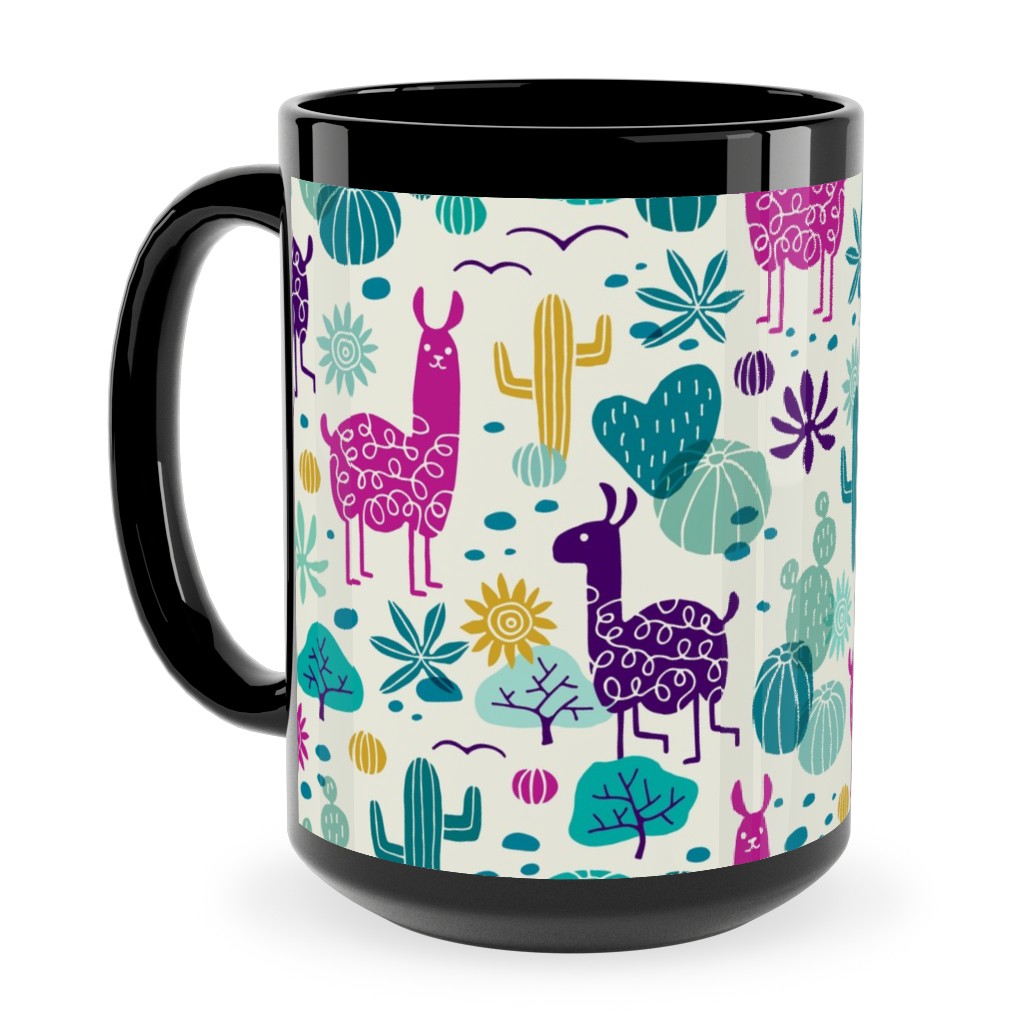 Llamas in the Desert - Multicolor Ceramic Mug, Black, , 15oz, Multicolor