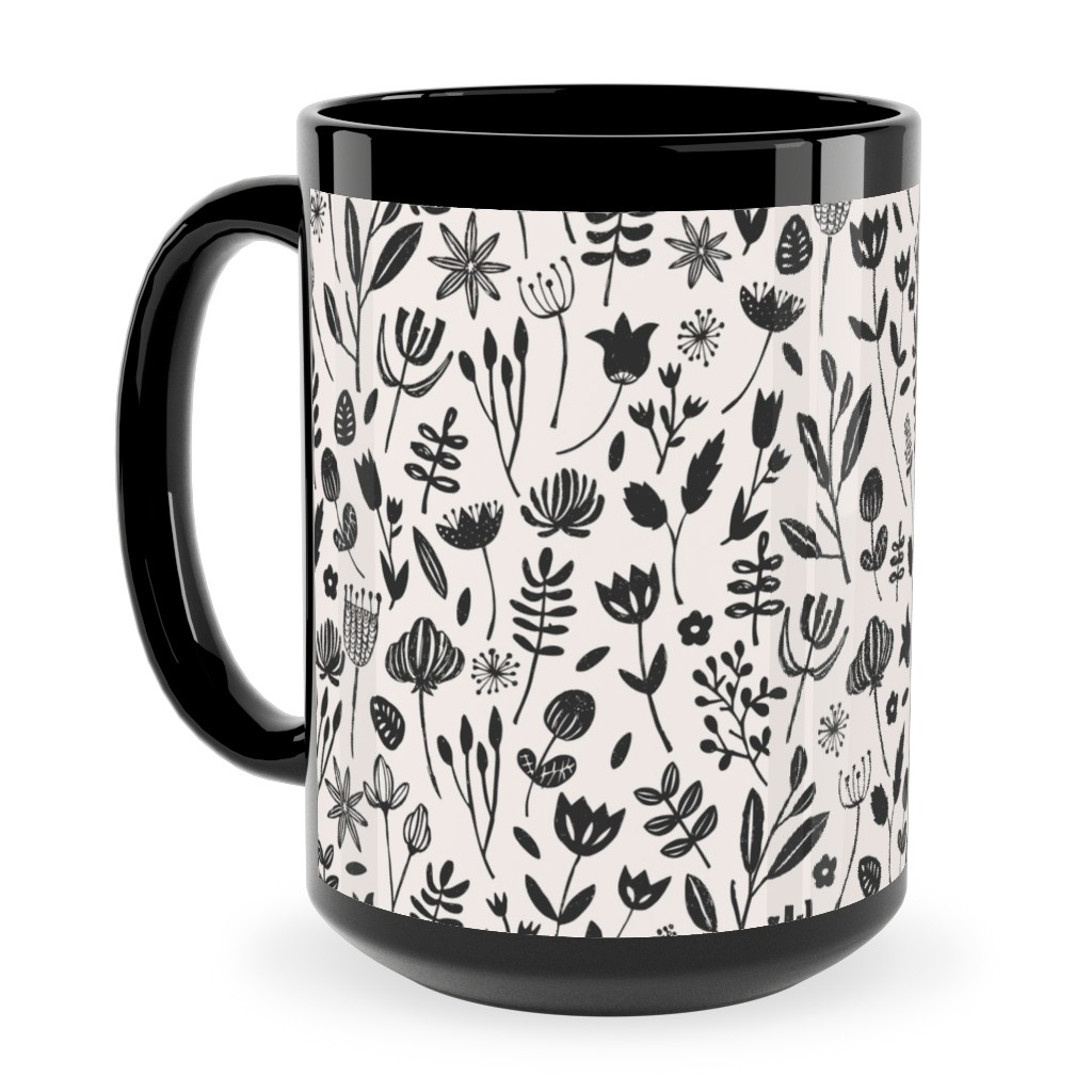 Folk Botanical Print - Neutral Ceramic Mug, Black, , 15oz, Beige, Pearl