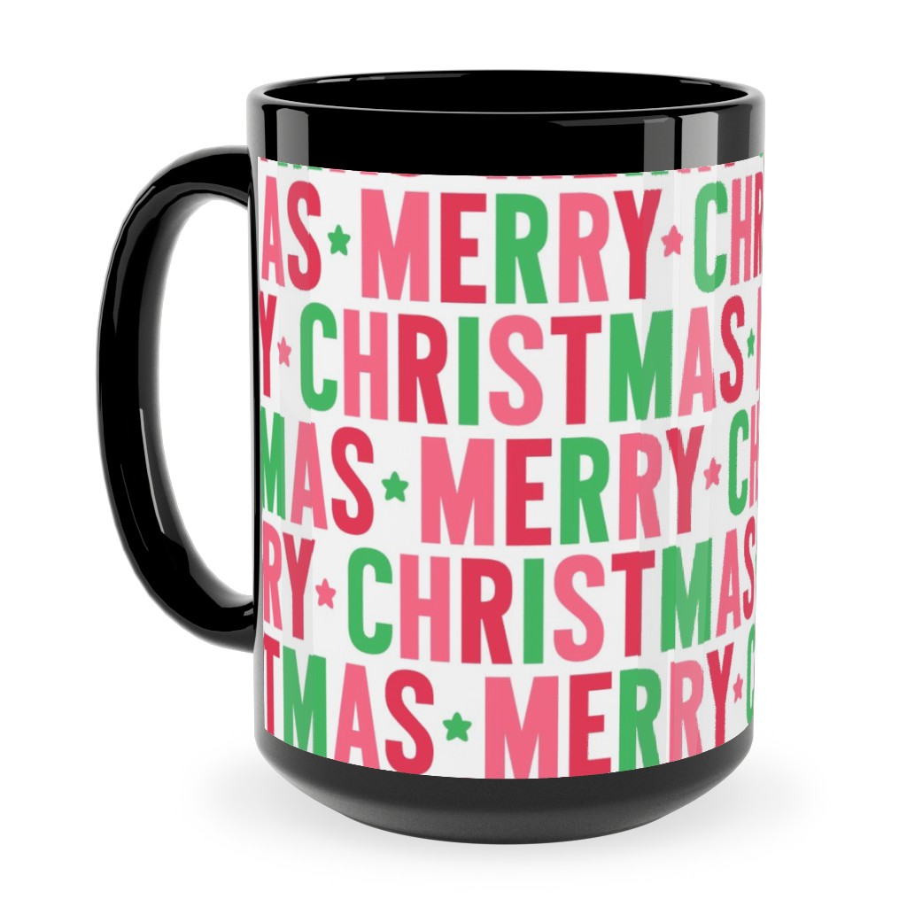 Merry Christmas Uppercase - Green, Pink, Red Ceramic Mug, Black,  , 15oz, Multicolor
