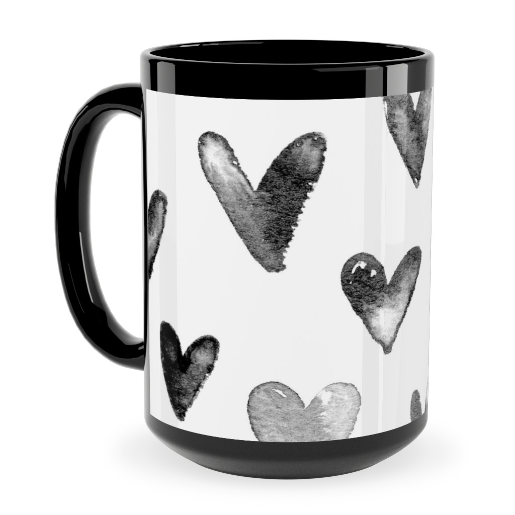 Watercolor Hearts - Black and White Ceramic Mug, Black, , 15oz, Black, Black