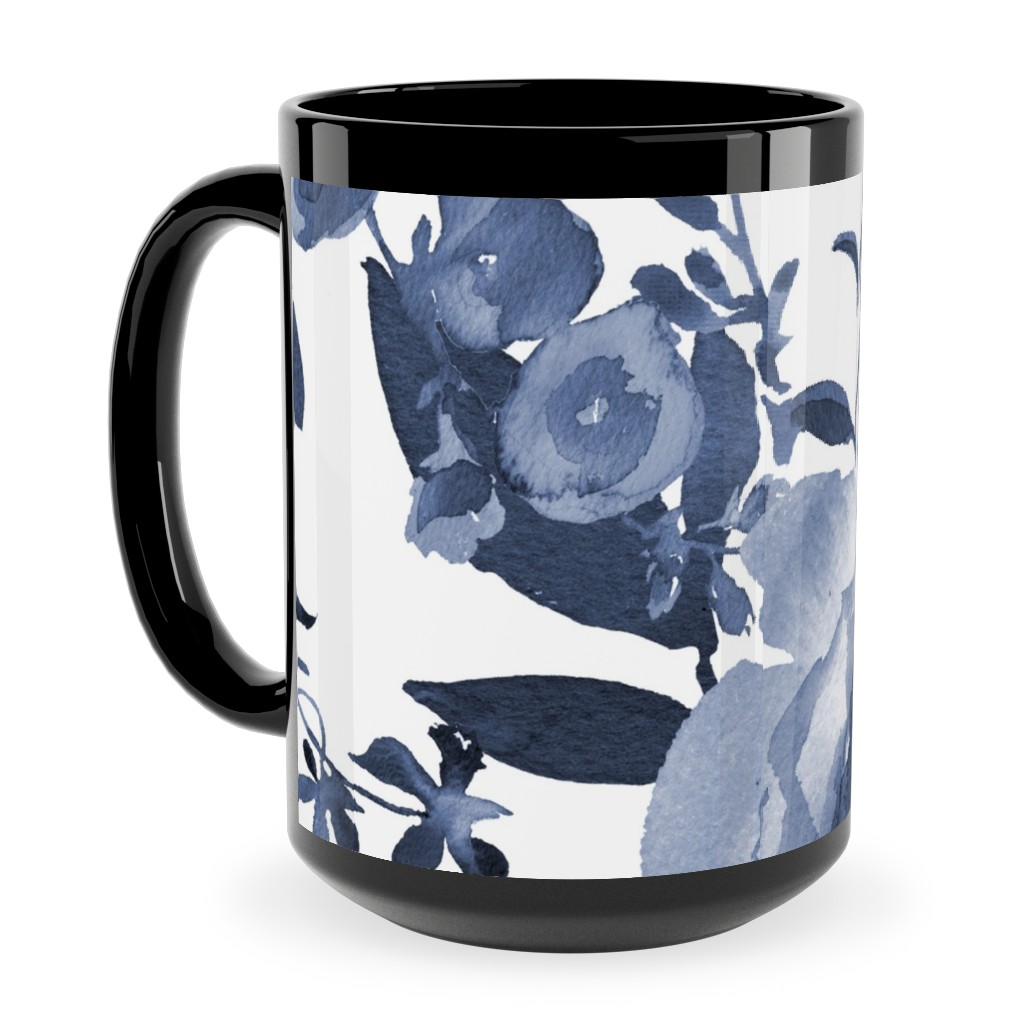 Blue and White Florals - Indigo Ceramic Mug, Black, , 15oz, Blue, True Blue