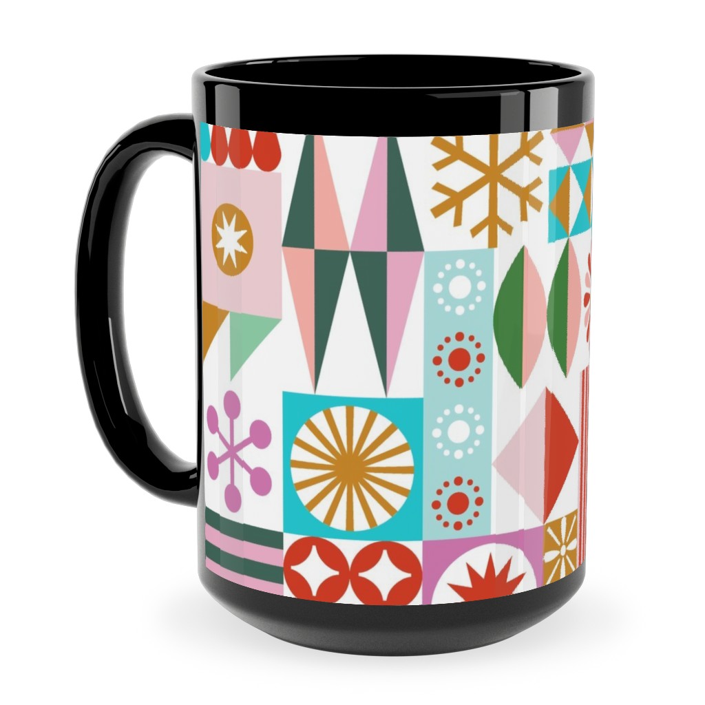 Santa's Workshop Geometric Stars Snowflakes Grid Holiday Stripes - Multi Ceramic Mug, Black, , 15oz, Multicolor