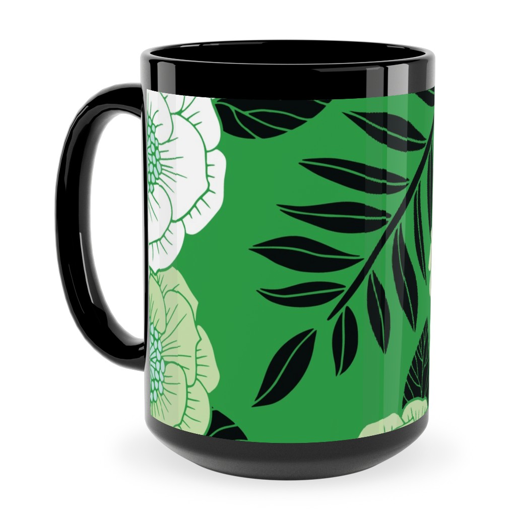 Green, Black & White Floral Pattern Ceramic Mug, Black, , 15oz, Green, Classic Green