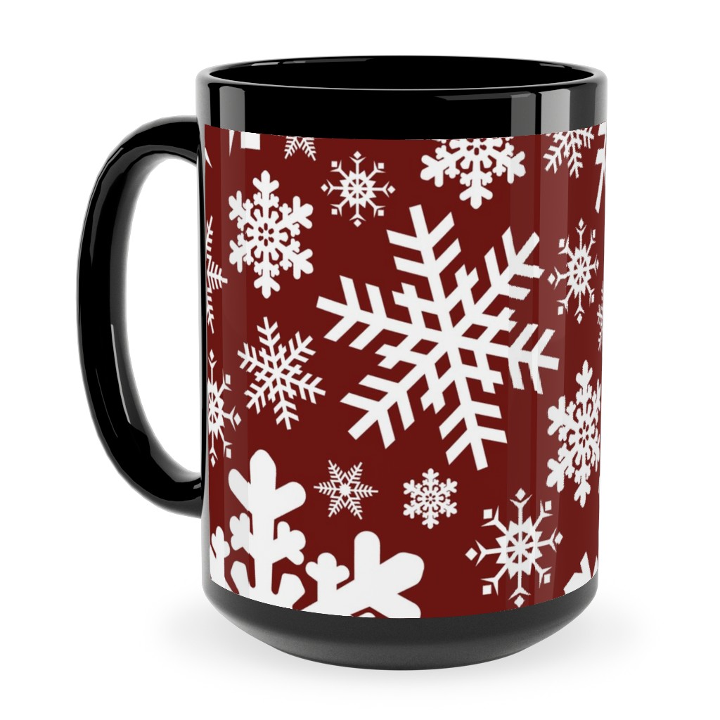 Christmas White Snowflakes on Red Background Ceramic Mug, Black,  , 15oz, Red