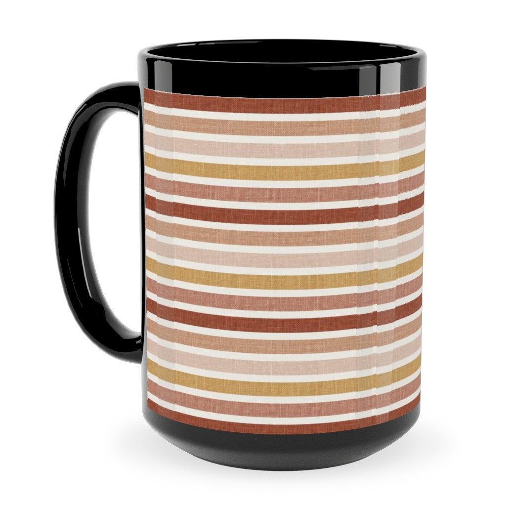 Horizontal Earth Colours Stripes - Red Pink Mustard Toffee Ceramic Mug, Black, , 15oz, Pink, Bright Pink
