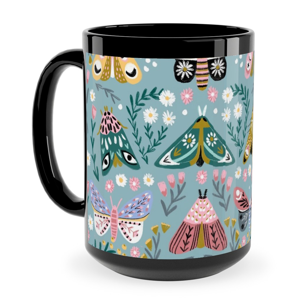 Spring Floral and Butterflies - Blue Ceramic Mug, Black, , 15oz, Multicolor
