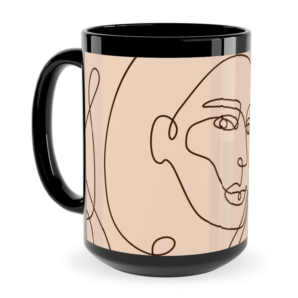 Hand Drawn Women Ceramic Mug, Black,  , 15oz, Beige