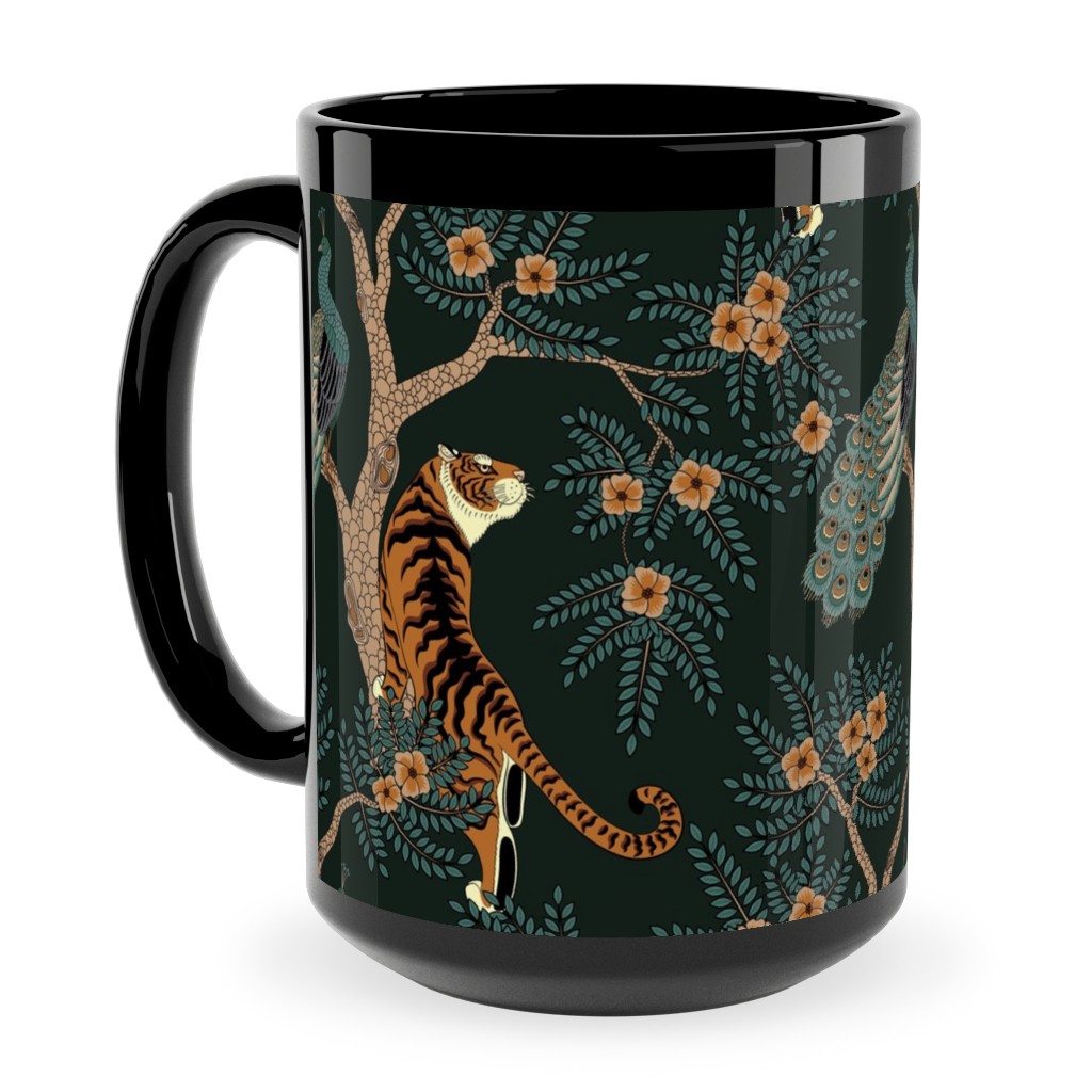 Tiger and Peacock - Black Ceramic Mug, Black, , 15oz, Black, Black