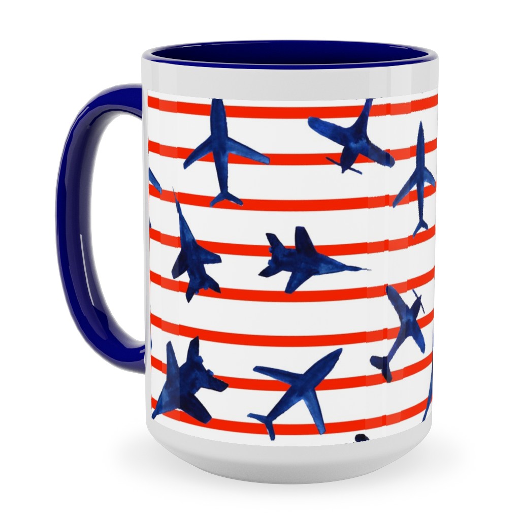Patriotic Airplanes Watercolor - Blue With Red Stripes Ceramic Mug, Blue, , 15oz, Blue, True Blue