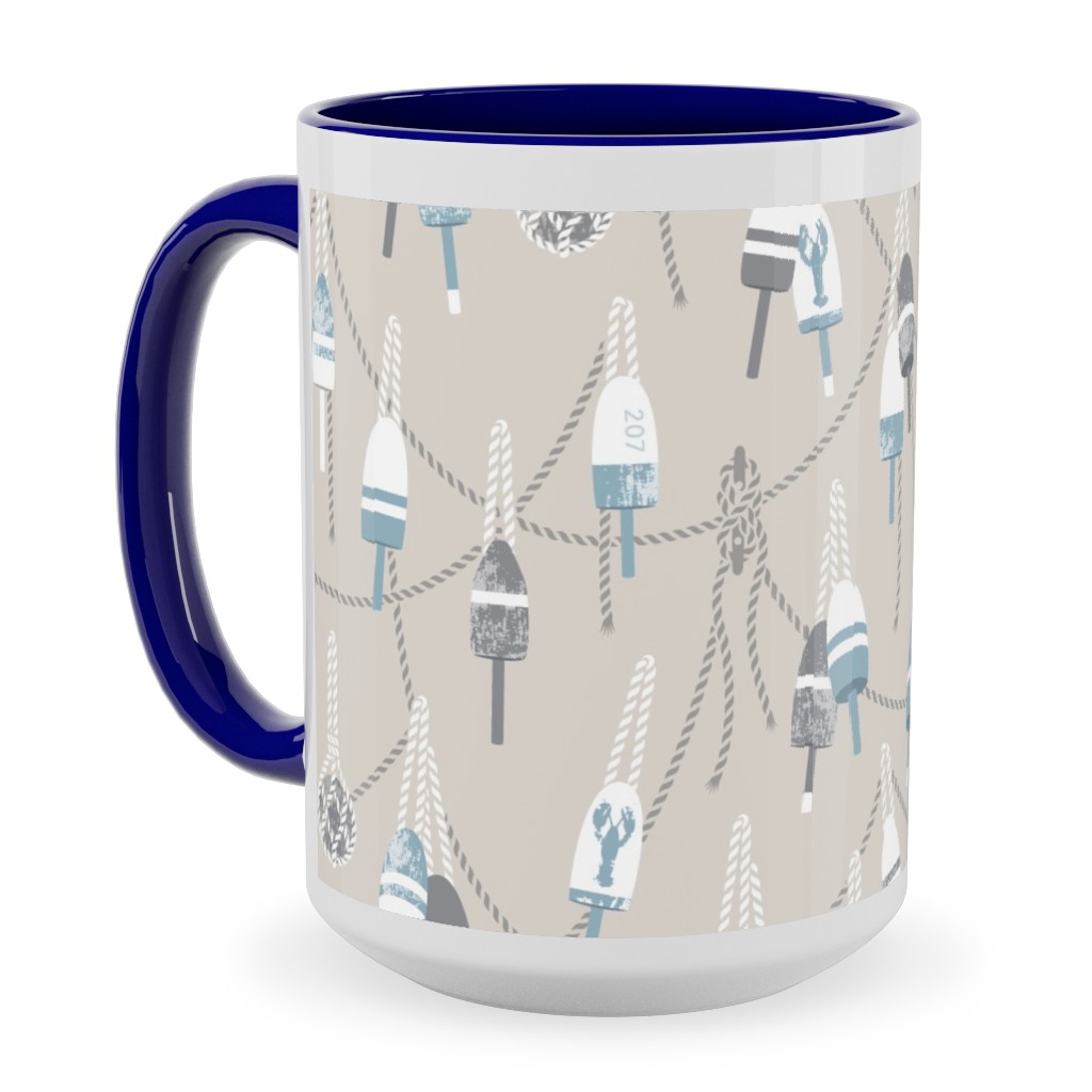 Lobster Buoy - Light Beige Tan Ceramic Mug, Blue,  , 15oz, Beige