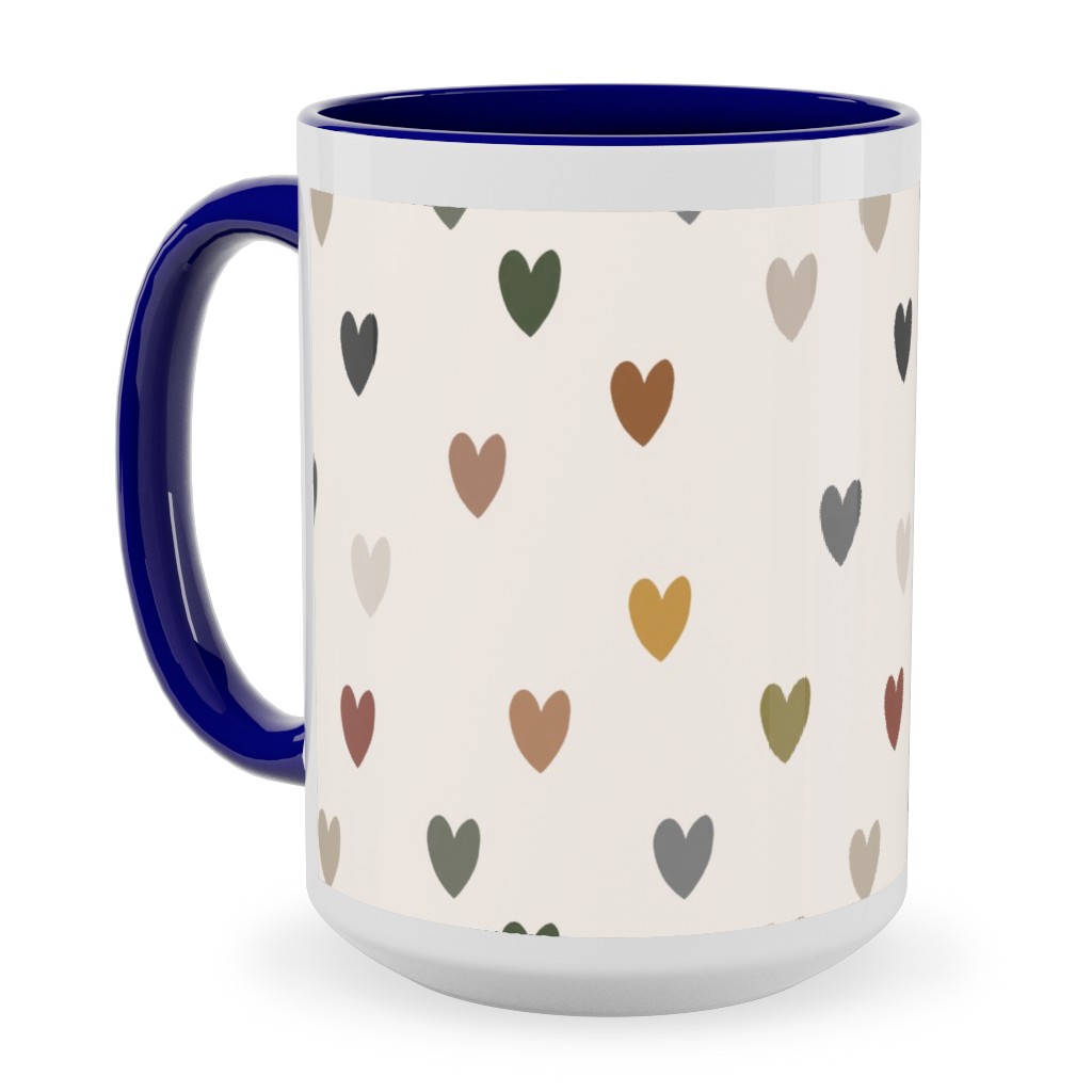 Earthy Colored Hearts - Multi Muted Ceramic Mug, Blue, , 15oz, Beige, Pearl