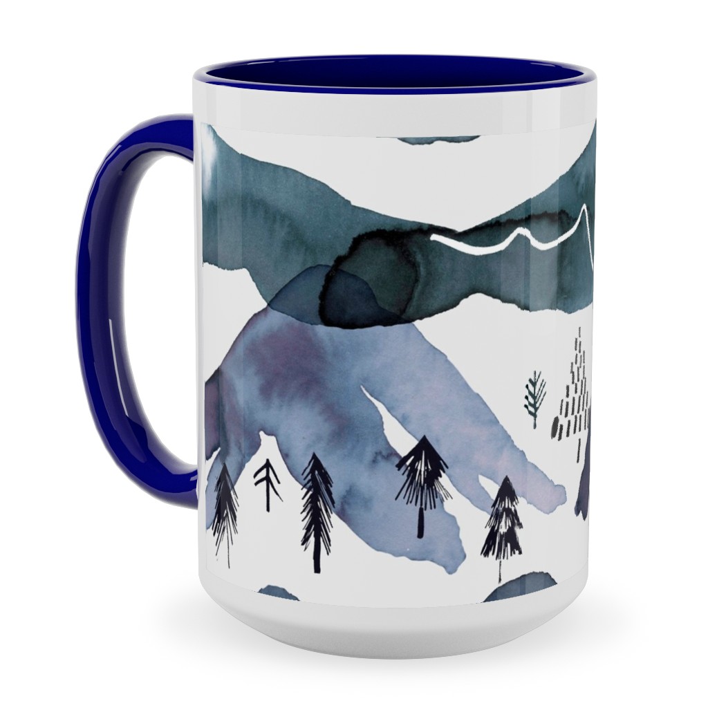 Watercolor Mountains Landscape - Blue Ceramic Mug, Blue,  , 15oz, Blue