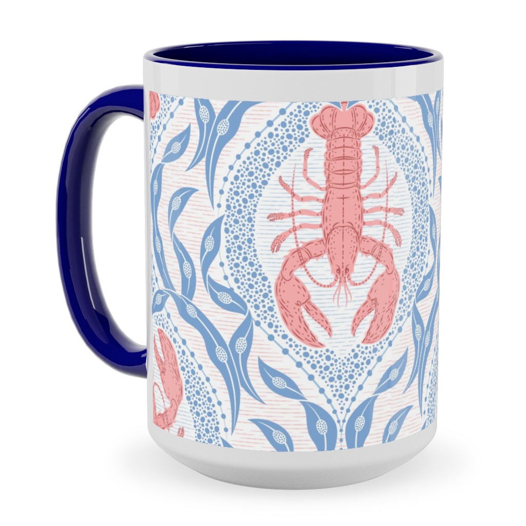 Lobster and Seaweed Nautical Damask - White, Coral Pink and Cornflower Blue Ceramic Mug, Blue, , 15oz, Blue, True Blue