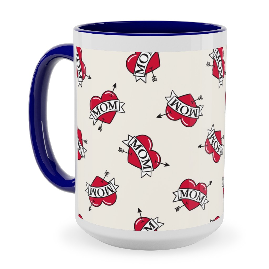 Mom Heart Tattoo - Red on Cream Ceramic Mug, Blue,  , 15oz, Red