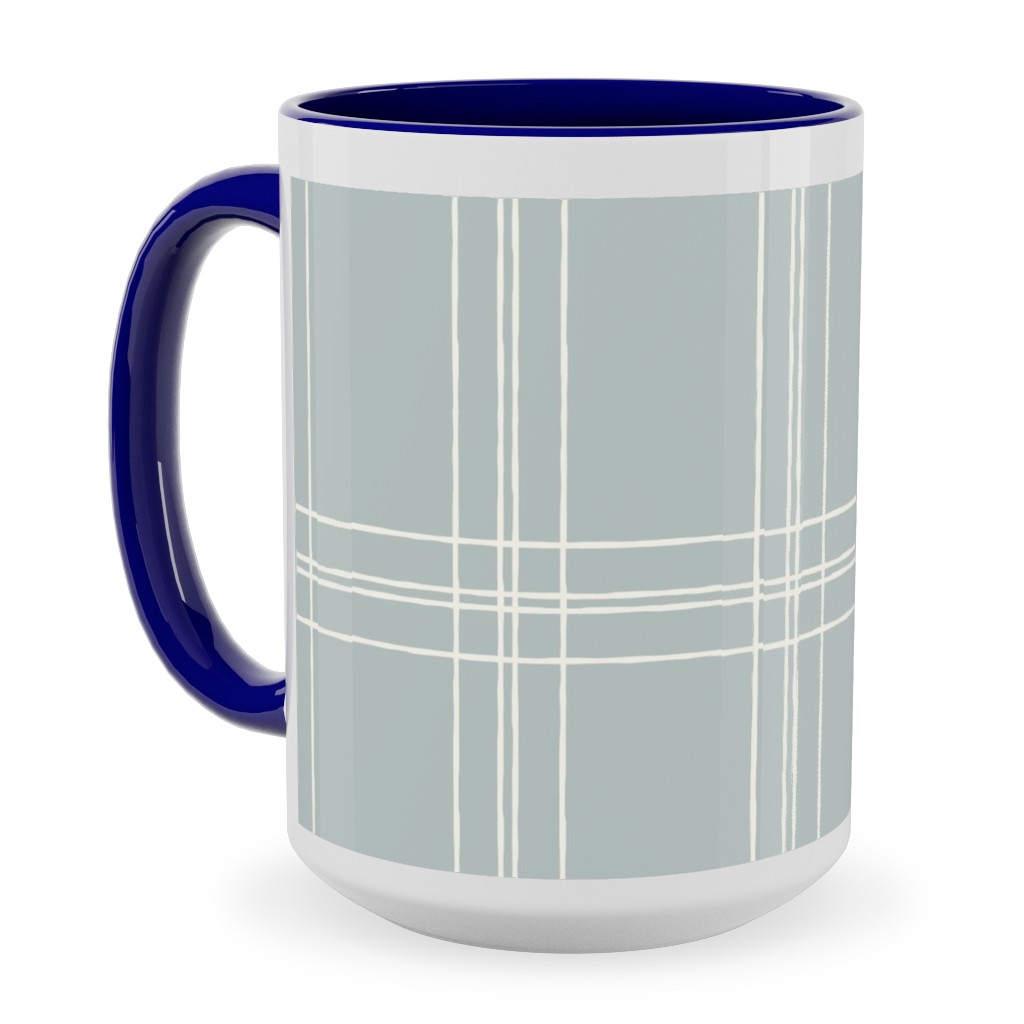 Lined Linens - Quad Plaid - Ivory, Blue Ceramic Mug, Blue,  , 15oz, Blue