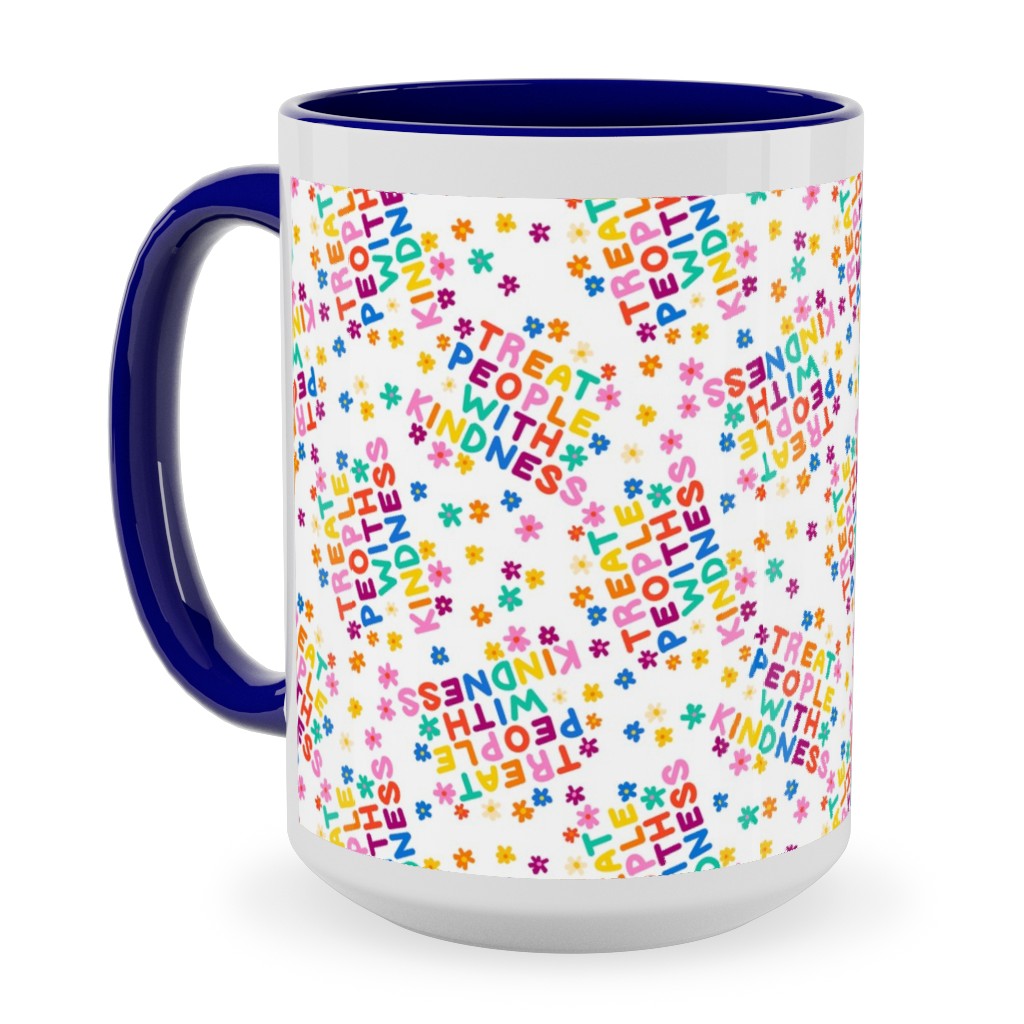 Treat People With Kindness - Groovy Florals - Bright Ceramic Mug, Blue, , 15oz, Multicolor