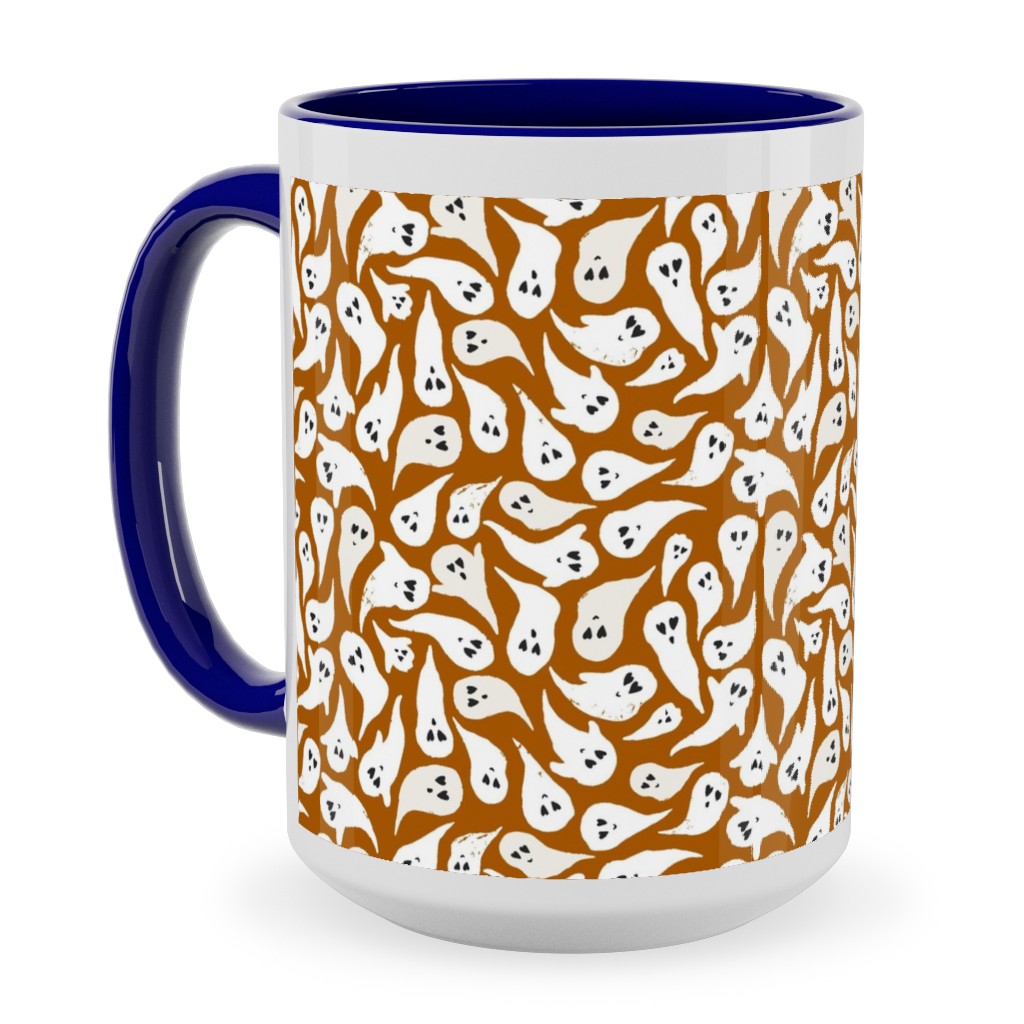 Halloween Ghosts on Dark Burnt Orange Ceramic Mug, Blue, , 15oz, Orange, Orange