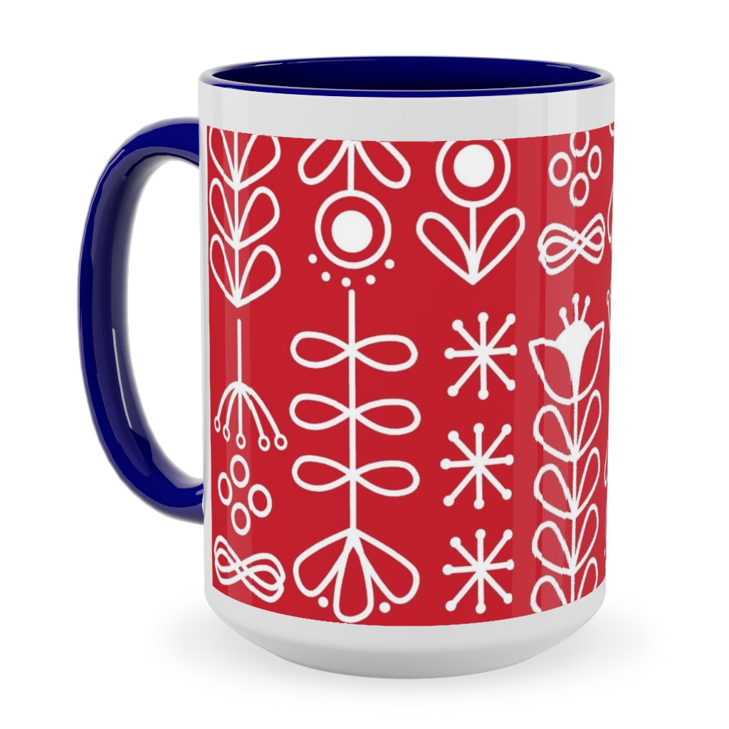 Red and White Nordic Mod Floral Ceramic Mug, Blue, , 15oz, Red, Red