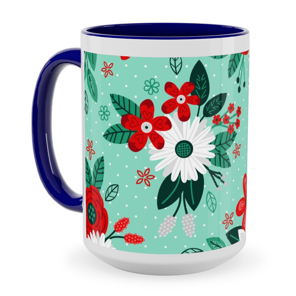 Holiday Floral Bouquet Ceramic Mug, Blue, , 15oz, Green, Classic Green