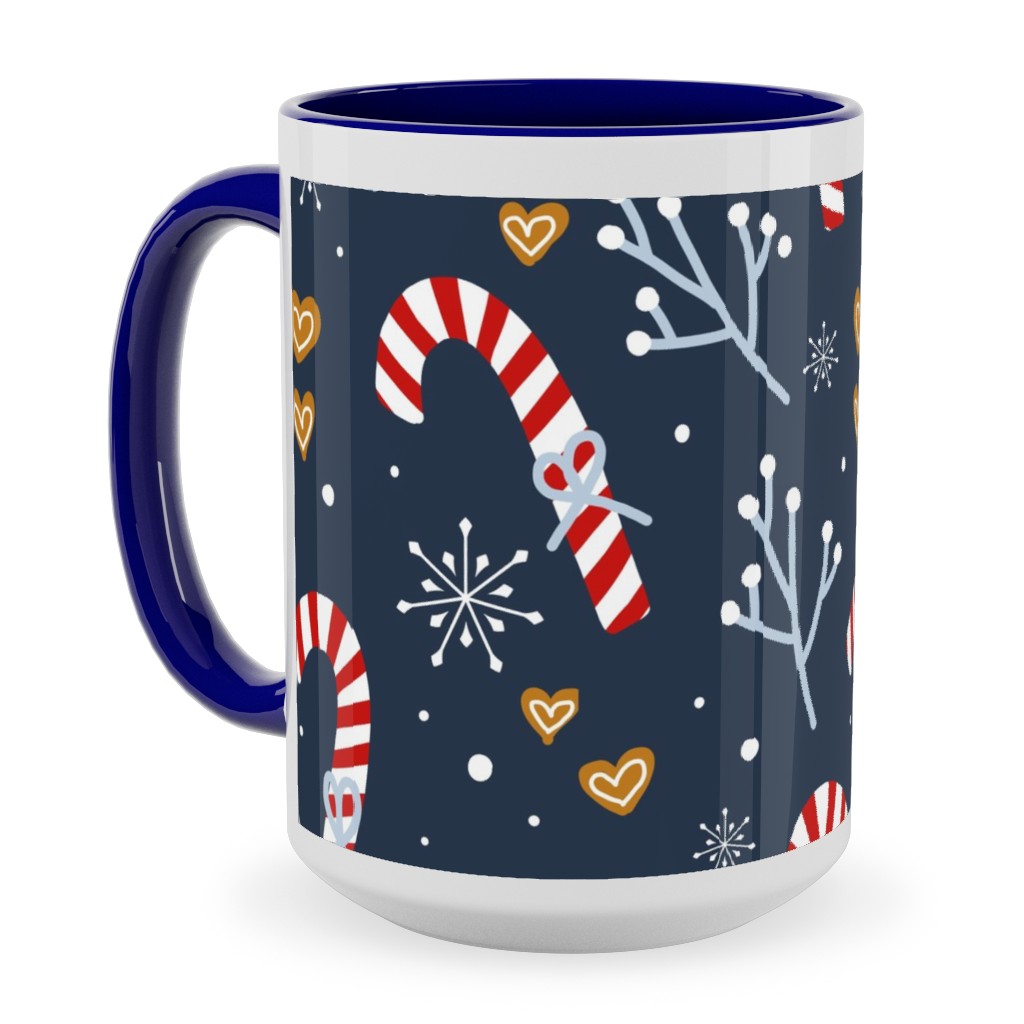 Candy Canes and Gingerbread Hearts Ceramic Mug, Blue, , 15oz, Blue, True Blue