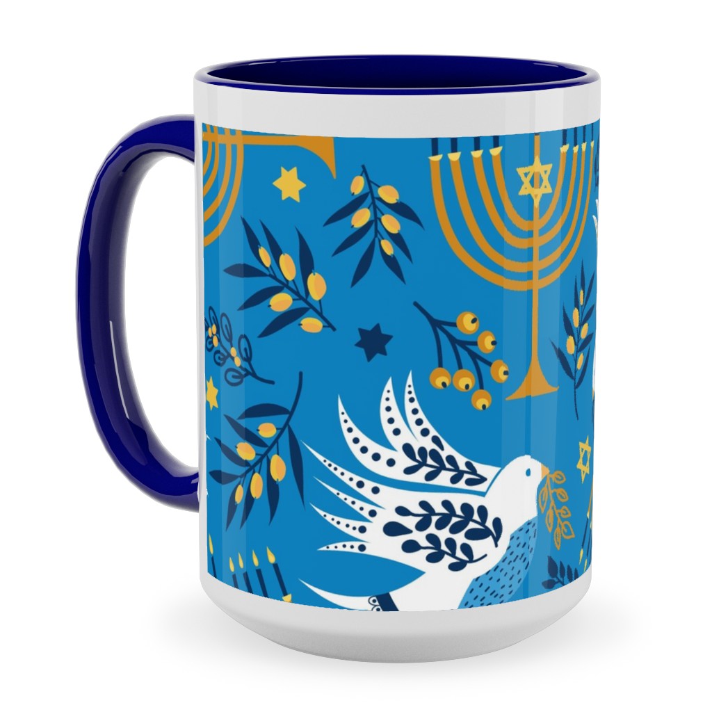 Hanukkah Birds Menorahs - Light Blue Ceramic Mug, Blue,  , 15oz, Blue