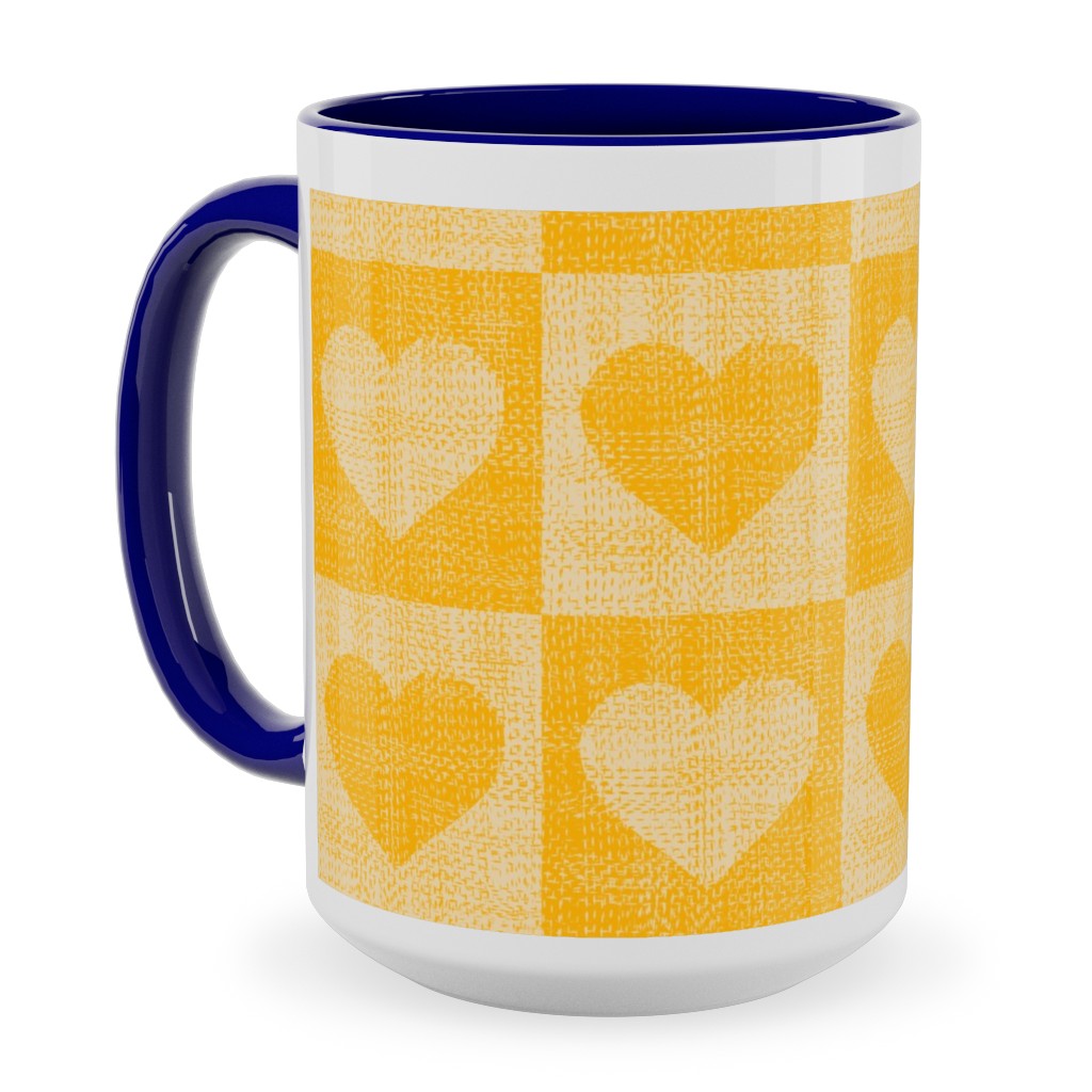 Love Hearts Check - Yellow Ceramic Mug, Blue,  , 15oz, Yellow