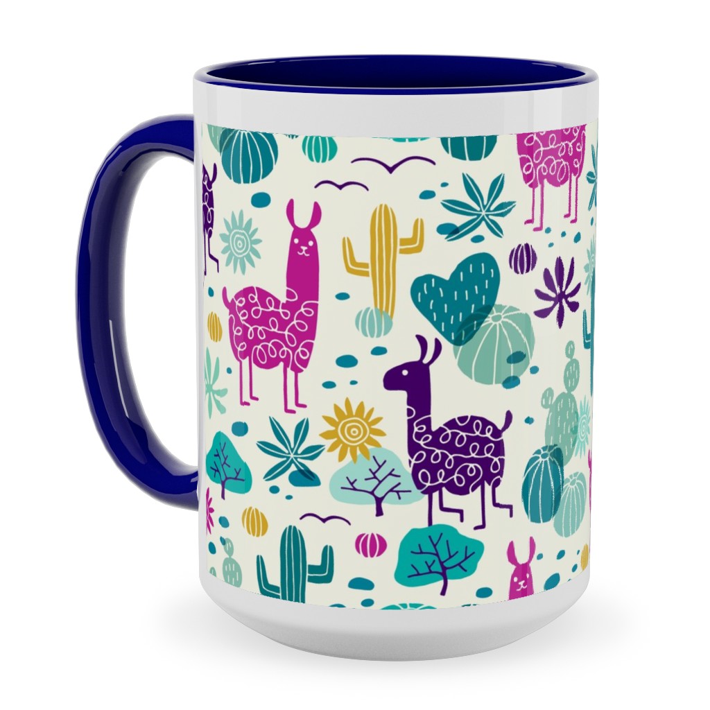 Llamas in the Desert - Multicolor Ceramic Mug, Blue,  , 15oz, Multicolor