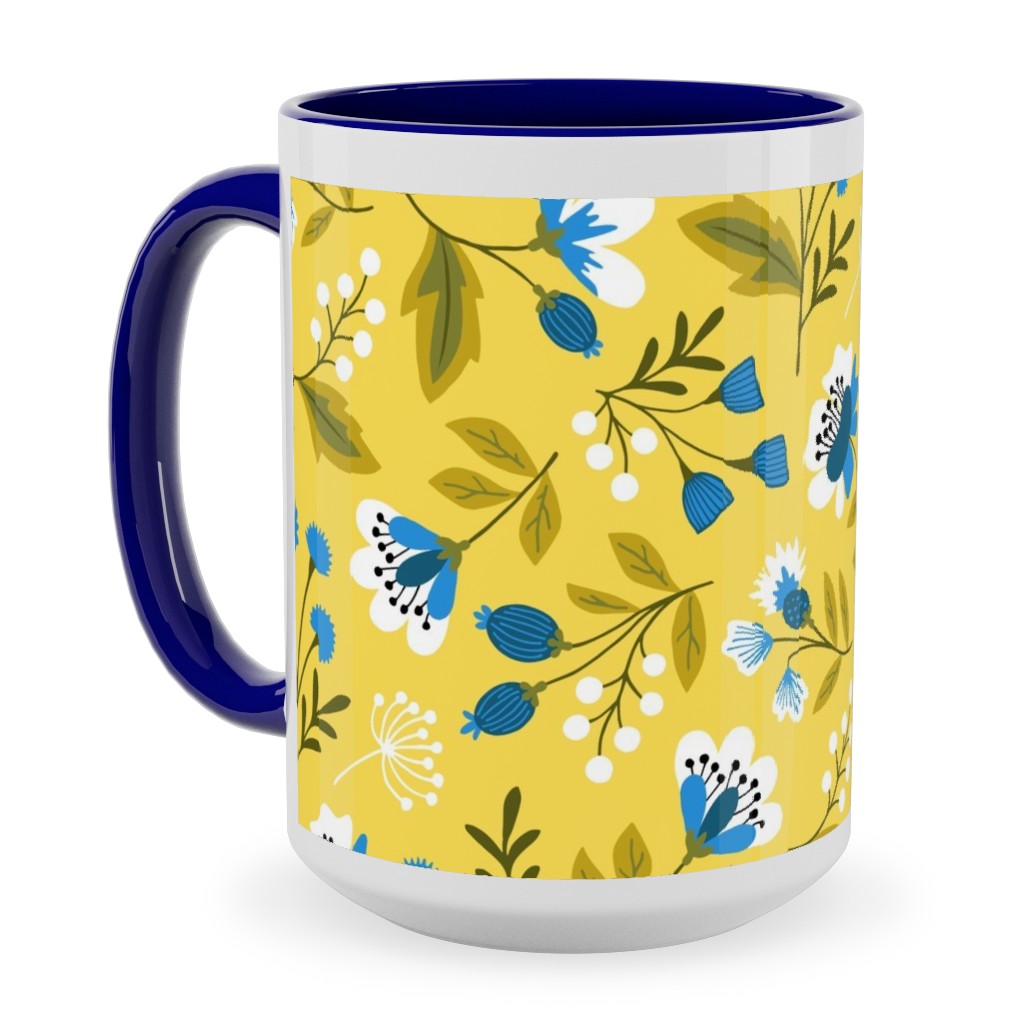 Colorful Spring Flowers - Blue on Yellow Ceramic Mug, Blue,  , 15oz, Yellow