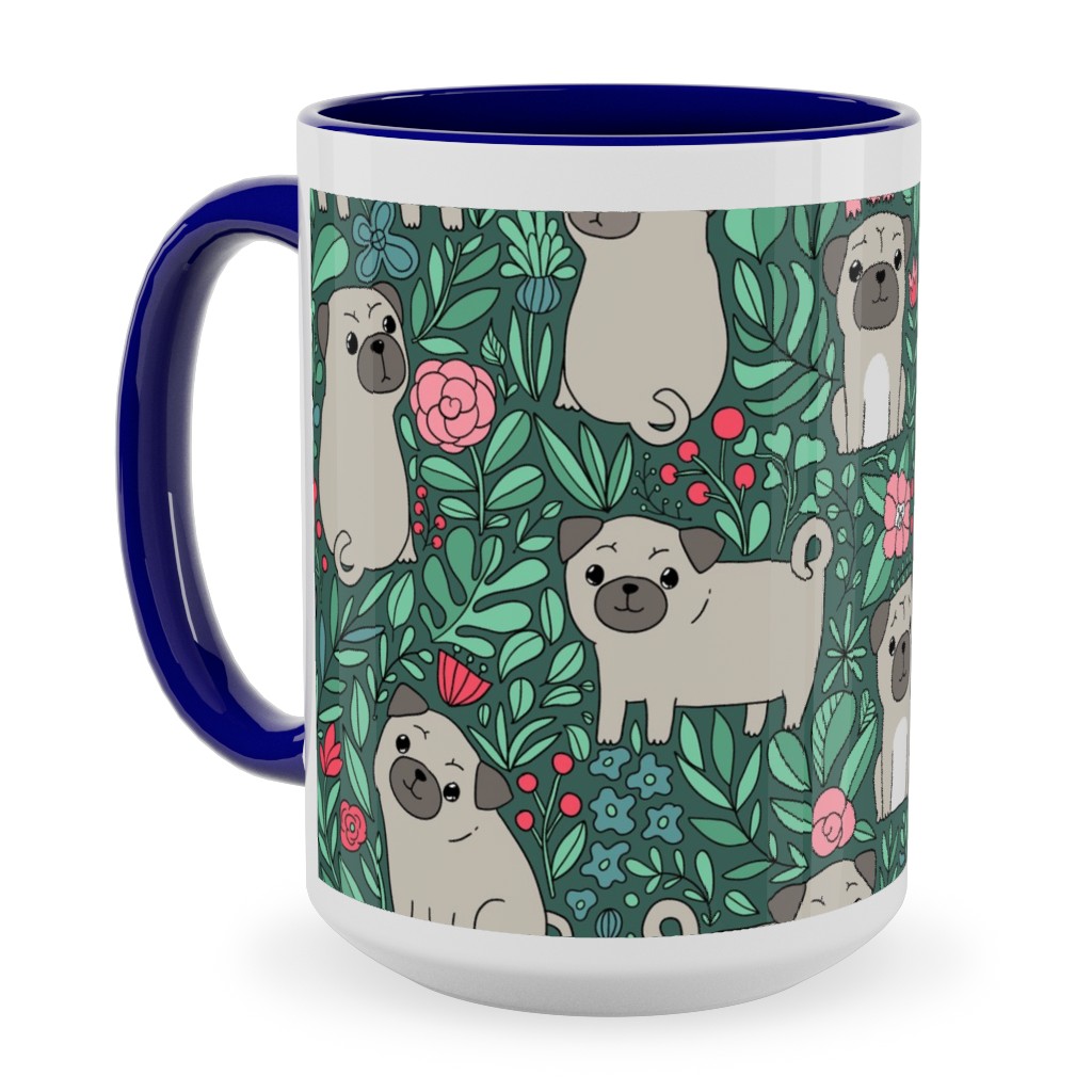 Cute Pugs and Flowers - Multicolor Ceramic Mug, Blue,  , 15oz, Green
