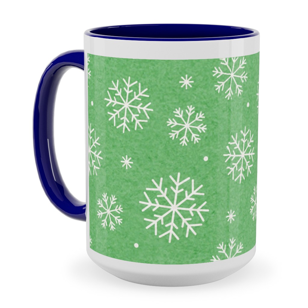 Snowflakes on Mottled Green Ceramic Mug, Blue, , 15oz, Green, Classic Green
