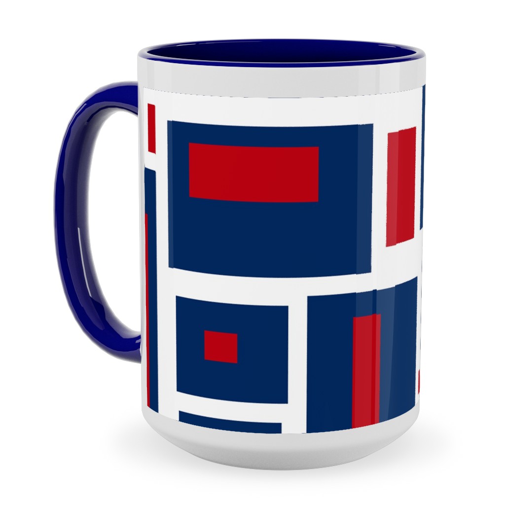 Geometric Rectangles in Red, White and Blue Ceramic Mug, Blue, , 15oz, Blue, True Blue