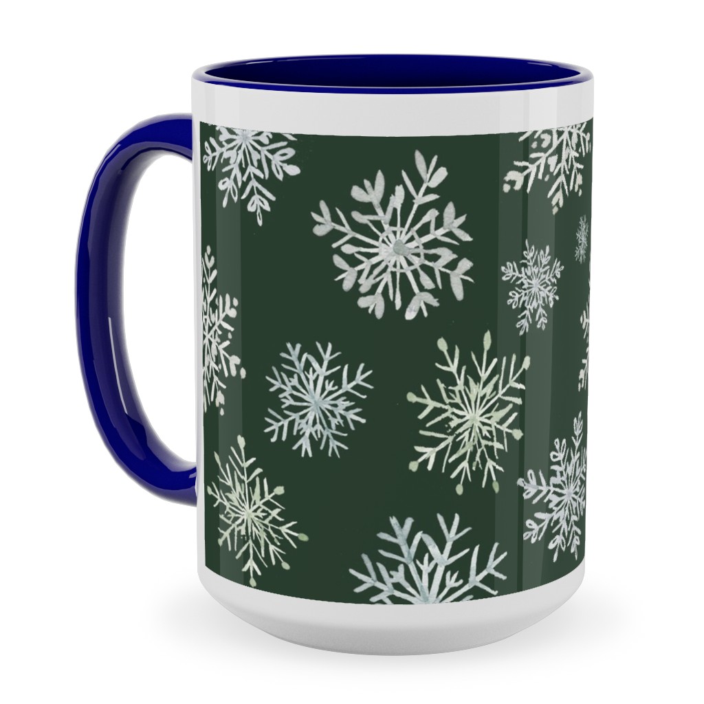 Lace Snowflakes on Hunter Green Ceramic Mug, Blue, , 15oz, Green, Classic Green