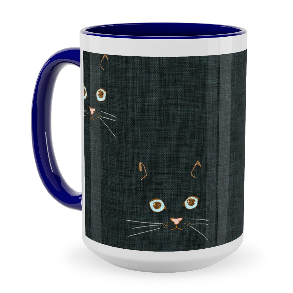 Cat Face - Black Ceramic Mug, Blue,  , 15oz, Black